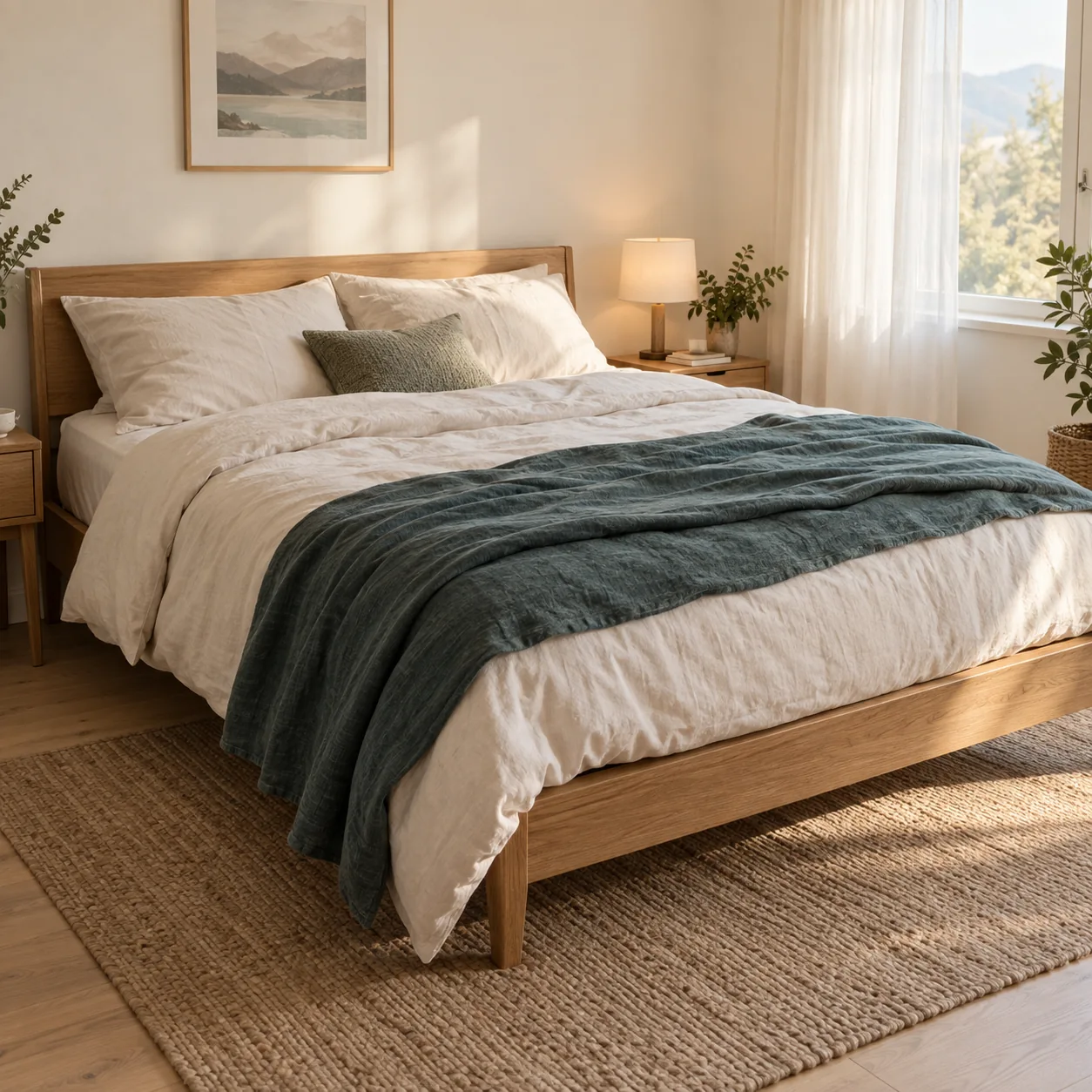 Un lit en bois clair, du linge blanc et une couette vert profond dans une chambre lumineuse